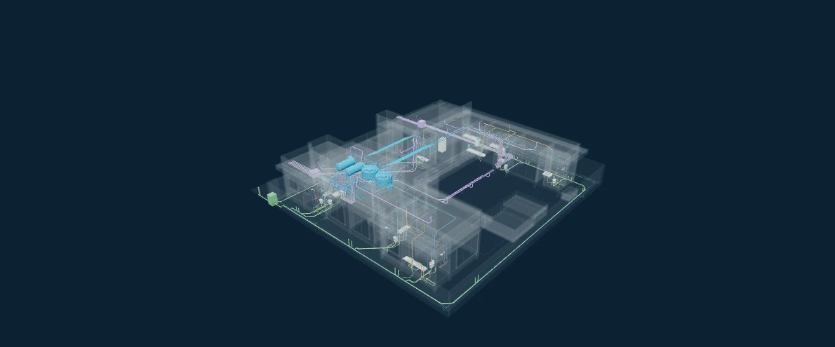 Modelo tridimensional do projeto residencial com redes hidrossanitárias aparentes
