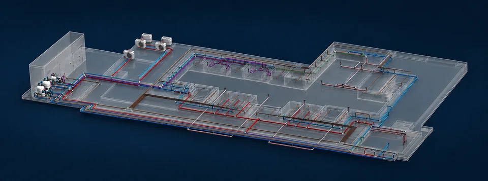 Render ilustrativo da hidráulica de piscina e casa de máquinas